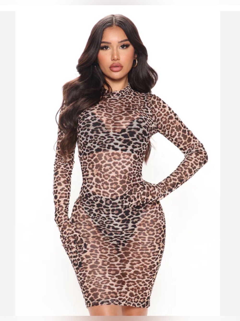 Leopard Print Long Sleeve Bodycon Dress - Brown/Black